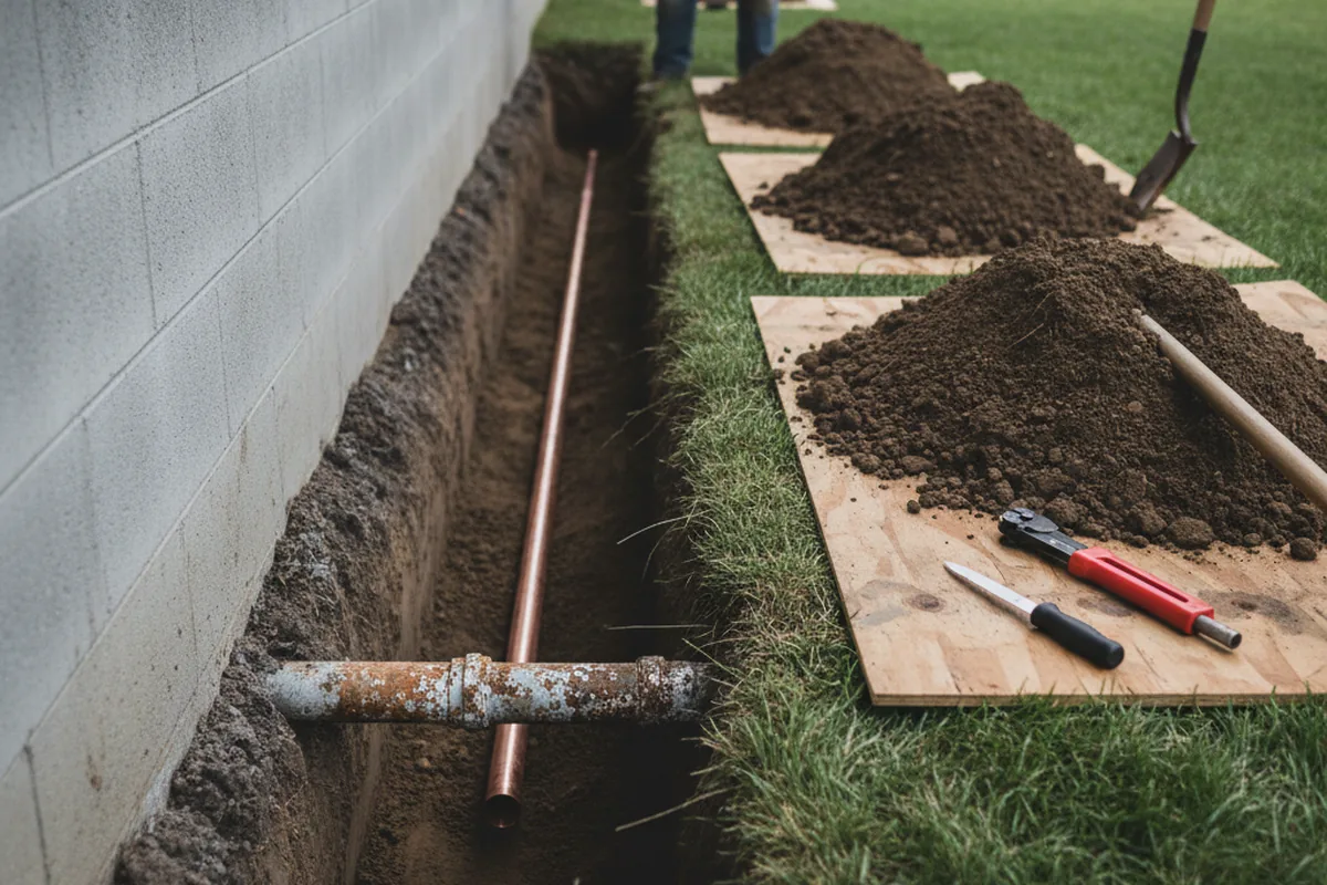 Excavated water line trench during Water Softener Installation in Aquebogue